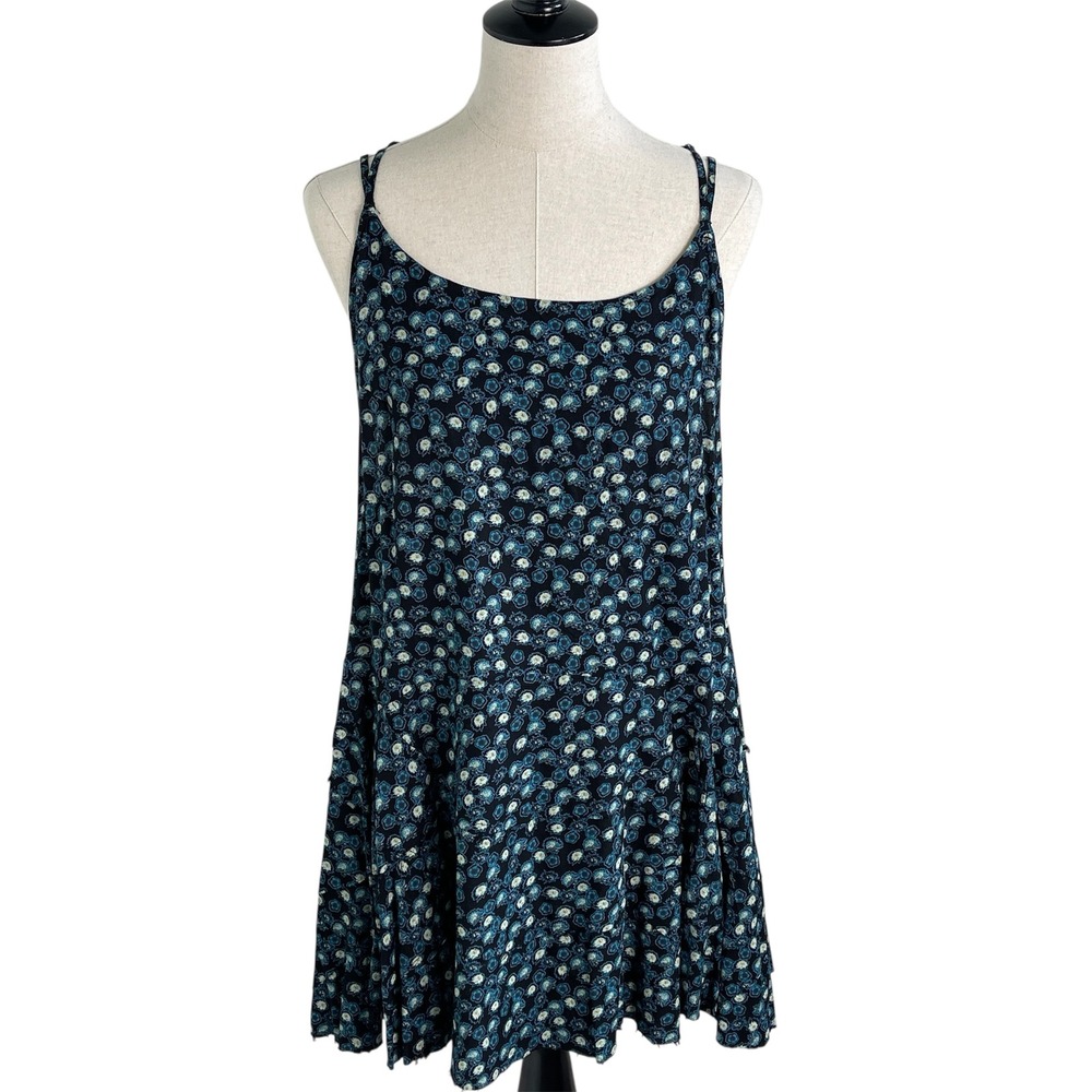 Hurley Babydoll‎ Dress Womens Large Black Floral Strappy Boho Good Raw Hem D1950
